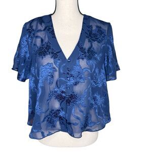 Vintage Victoria’s Secret Top Blue Sheer Embossed Floral Cropped SzS, Romantic